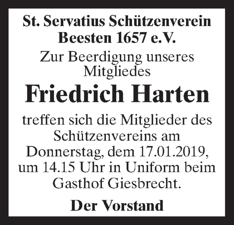  Traueranzeige für Friedrich Harten vom 16.01.2019 aus Neue Osnabrücker Zeitung GmbH & Co. KG