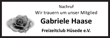 Traueranzeige von Gabriele Haase von Neue Osnabrücker Zeitung GmbH & Co. KG