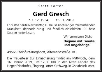 Traueranzeige von Gerd Gresch von Neue Osnabrücker Zeitung GmbH & Co. KG