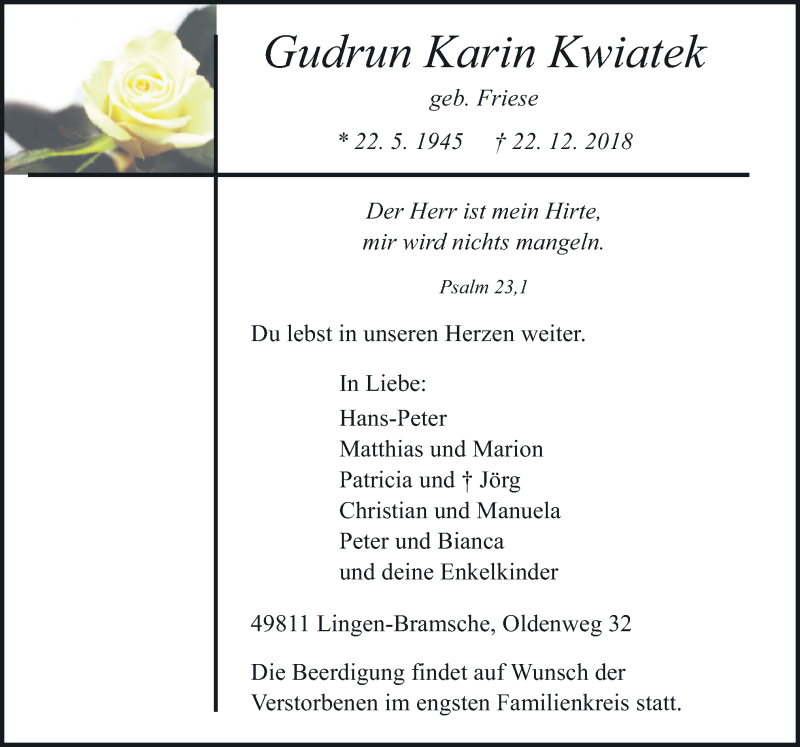  Traueranzeige für Gudrun Karin Kwiatek vom 12.01.2019 aus Neue Osnabrücker Zeitung GmbH & Co. KG