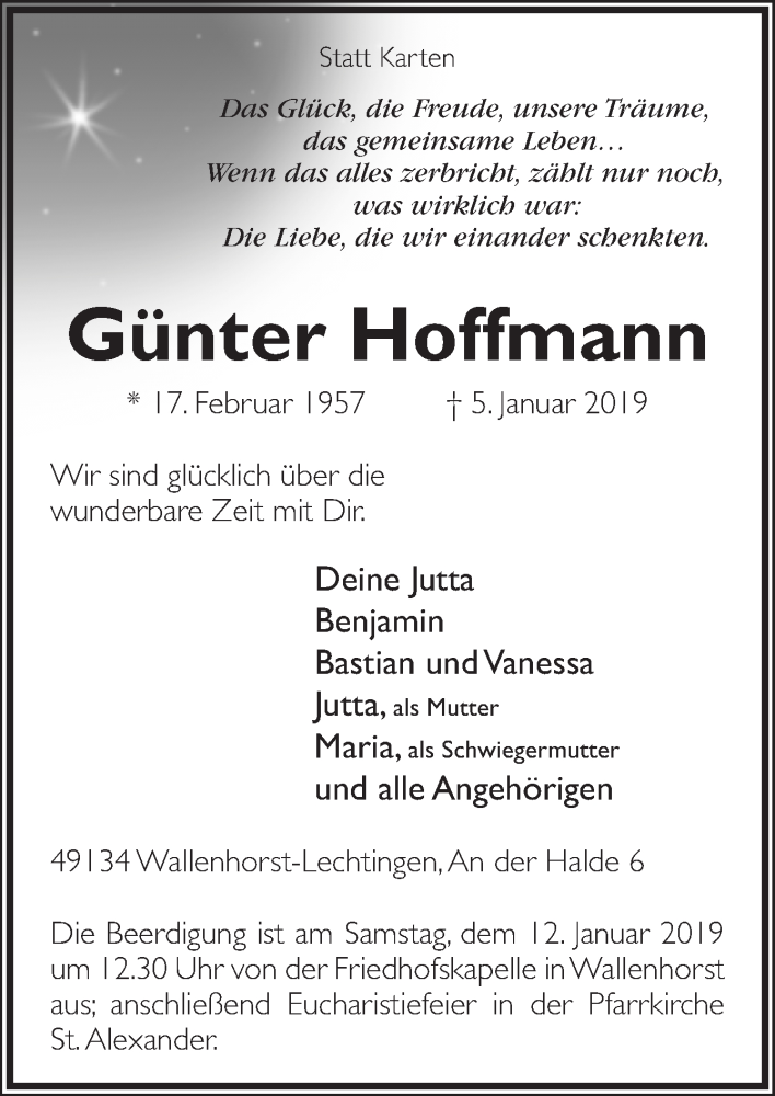  Traueranzeige für Günter Hoffmann vom 07.01.2019 aus Neue Osnabrücker Zeitung GmbH & Co. KG