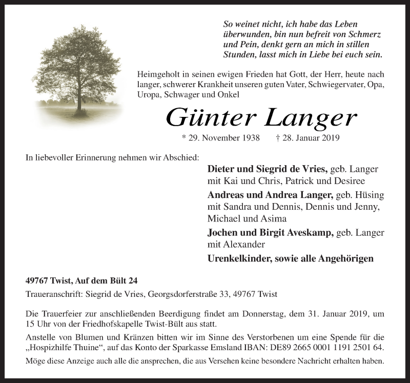  Traueranzeige für Günter Langer vom 30.01.2019 aus Neue Osnabrücker Zeitung GmbH & Co. KG