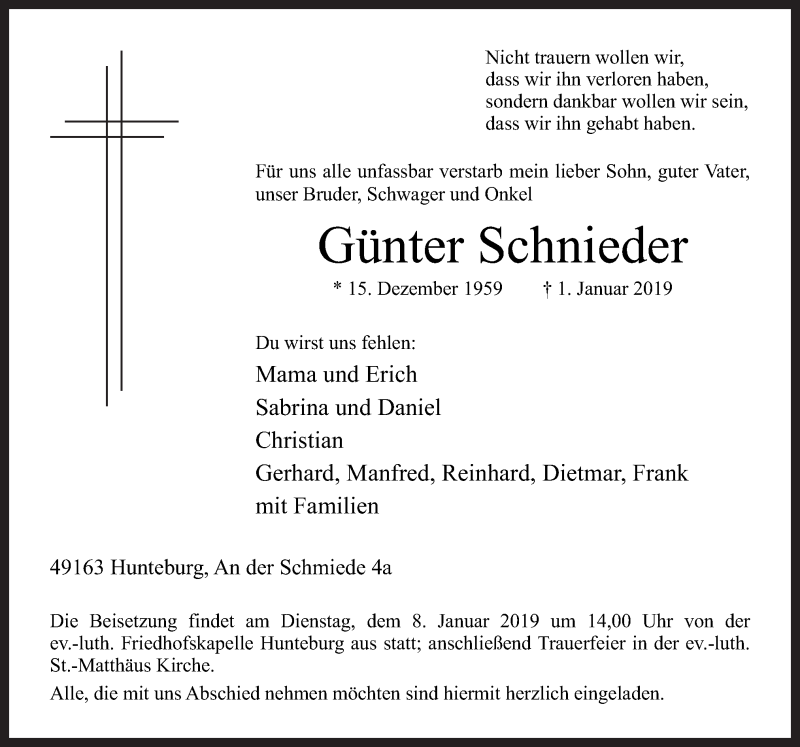  Traueranzeige für Günter Schnieder vom 04.01.2019 aus Neue Osnabrücker Zeitung GmbH & Co. KG