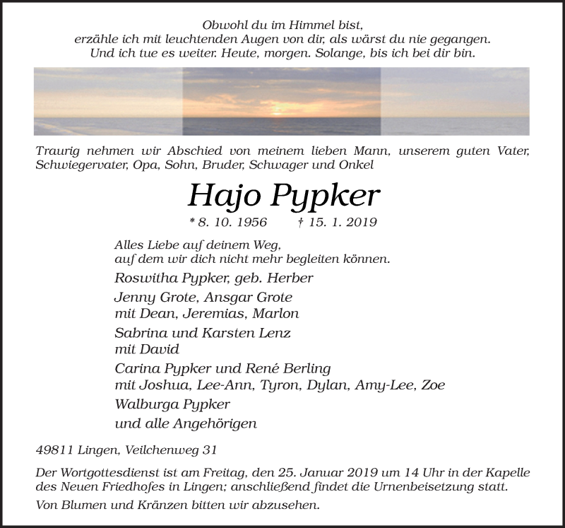  Traueranzeige für Hajo Pypker vom 22.01.2019 aus Neue Osnabrücker Zeitung GmbH & Co. KG