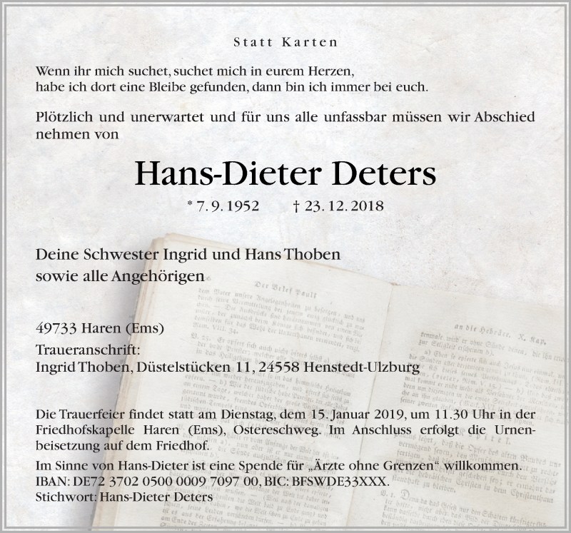  Traueranzeige für Hans-Dieter Deters vom 05.01.2019 aus Neue Osnabrücker Zeitung GmbH & Co. KG