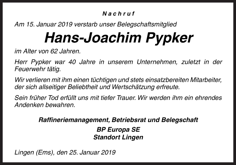  Traueranzeige für Hans-Joachim Pypker vom 25.01.2019 aus Neue Osnabrücker Zeitung GmbH & Co. KG