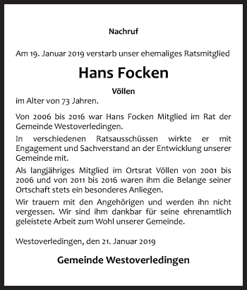 Traueranzeige von Hasn Focken von Neue Osnabrücker Zeitung GmbH & Co. KG