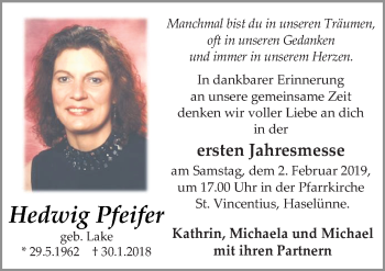 Traueranzeige von Hedwig Pfeifer von Neue Osnabrücker Zeitung GmbH & Co. KG