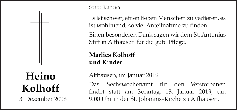  Traueranzeige für Heino Kolhoff vom 10.01.2019 aus Neue Osnabrücker Zeitung GmbH & Co. KG