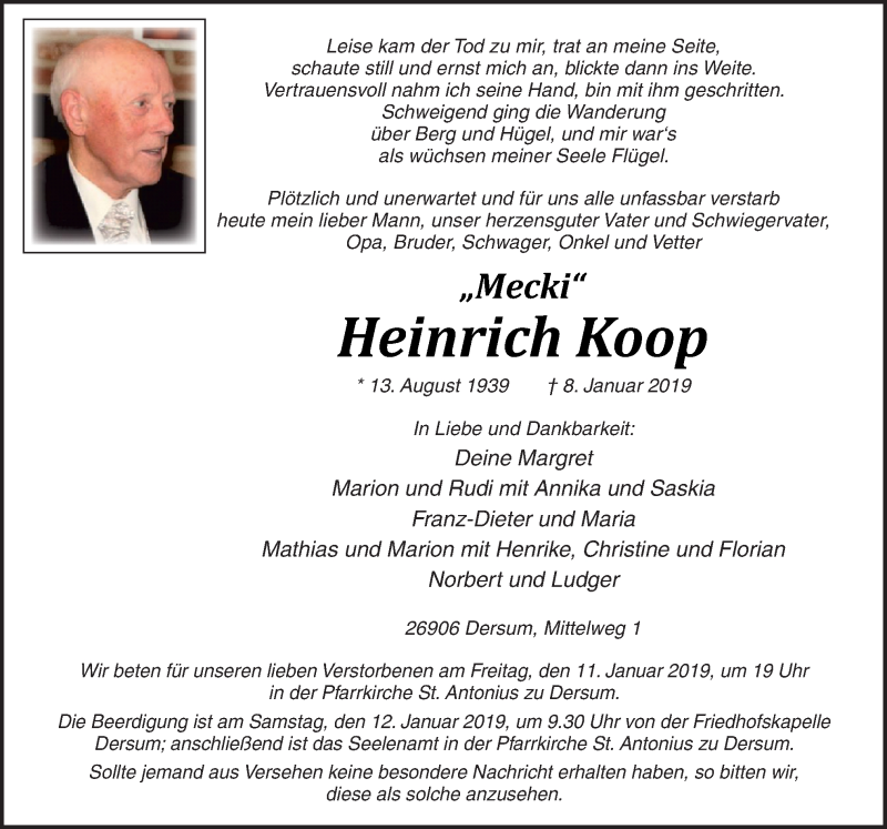  Traueranzeige für Heinrich Koop vom 10.01.2019 aus Neue Osnabrücker Zeitung GmbH & Co. KG