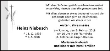 Traueranzeige von Heinz Niebusch von Neue Osnabrücker Zeitung GmbH & Co. KG