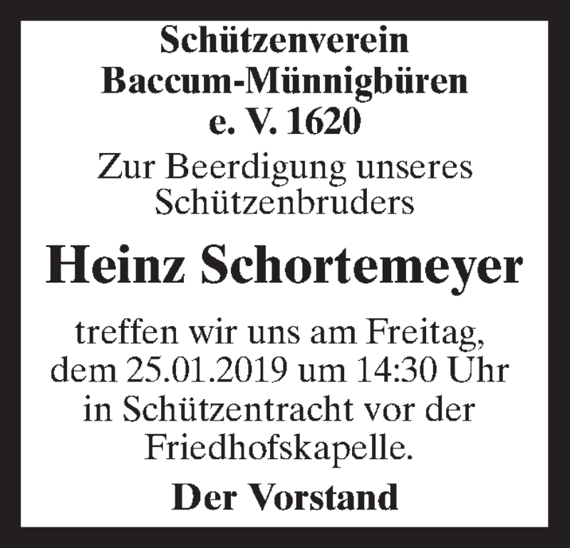  Traueranzeige für Heinz Schortemeier vom 24.01.2019 aus Neue Osnabrücker Zeitung GmbH & Co. KG
