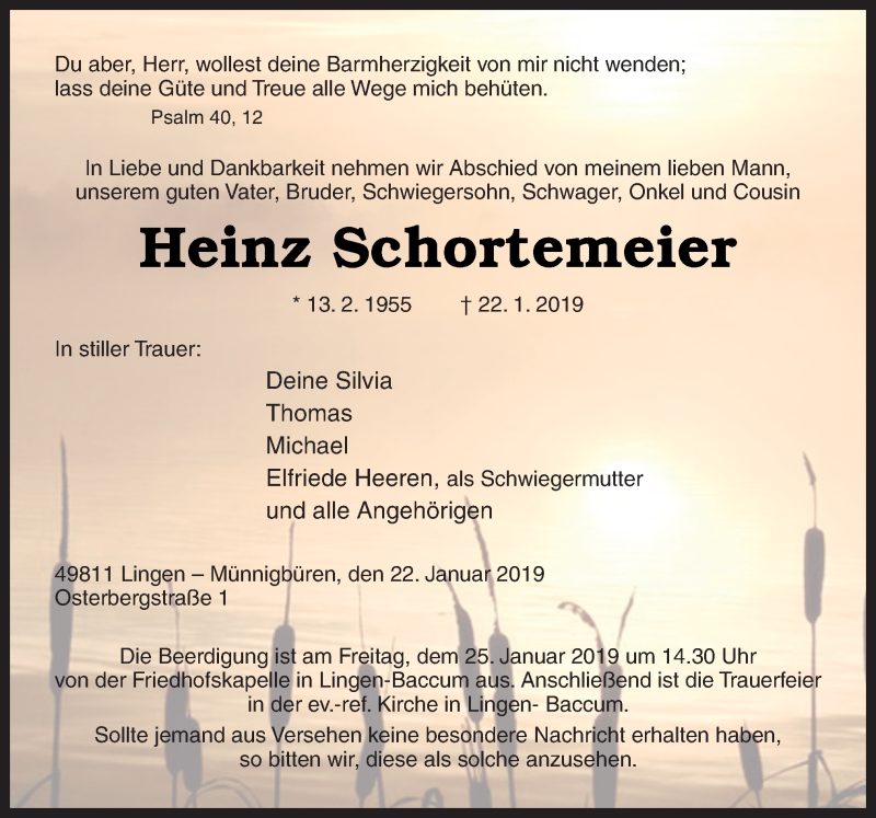  Traueranzeige für Heinz Schortemeier vom 24.01.2019 aus Neue Osnabrücker Zeitung GmbH & Co. KG