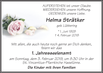 Traueranzeige von Helma Strätker von Neue Osnabrücker Zeitung GmbH & Co. KG