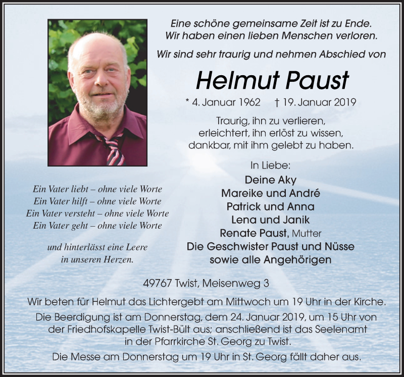  Traueranzeige für Helmut Paust vom 21.01.2019 aus Neue Osnabrücker Zeitung GmbH & Co. KG