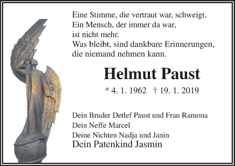  Traueranzeige für Helmut Paust vom 24.01.2019 aus Neue Osnabrücker Zeitung GmbH & Co. KG
