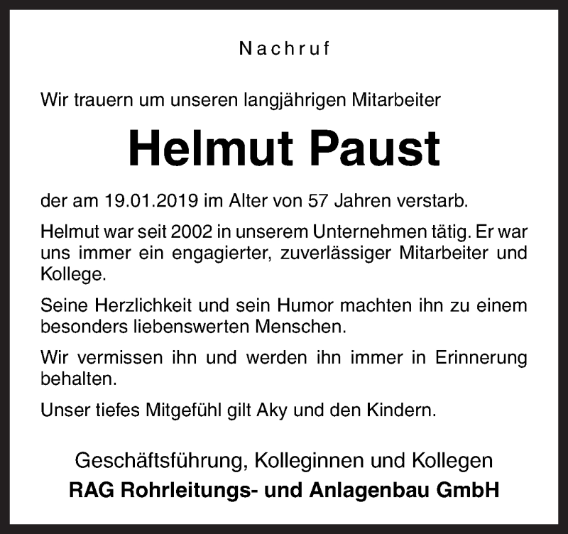  Traueranzeige für Helmut Paust vom 23.01.2019 aus Neue Osnabrücker Zeitung GmbH & Co. KG