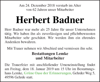 Traueranzeige von Herbert Badner von Neue Osnabrücker Zeitung GmbH & Co. KG