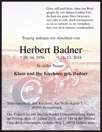 Traueranzeige von Herbert Badner von Neue Osnabrücker Zeitung GmbH & Co. KG