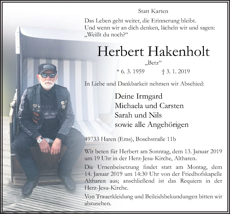  Traueranzeige für Herbert Hakenholt vom 07.01.2019 aus Neue Osnabrücker Zeitung GmbH & Co. KG