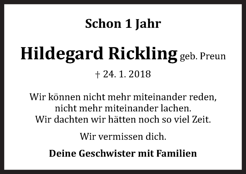  Traueranzeige für Hildegard Rickling vom 24.01.2019 aus Neue Osnabrücker Zeitung GmbH & Co. KG