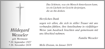 Traueranzeige von Hildegard Wesseler von Neue Osnabrücker Zeitung GmbH & Co. KG