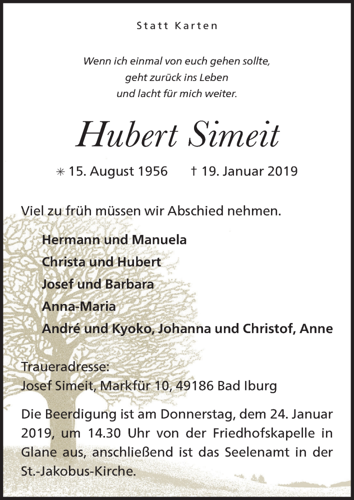  Traueranzeige für Hubert Simeit vom 22.01.2019 aus Neue Osnabrücker Zeitung GmbH & Co. KG