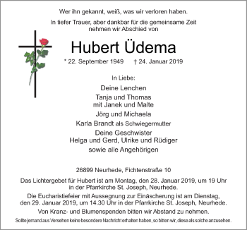 Traueranzeige von Hubert Üdema von Neue Osnabrücker Zeitung GmbH & Co. KG