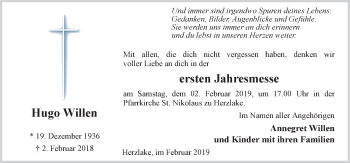 Traueranzeige von Hugo Willen von Neue Osnabrücker Zeitung GmbH & Co. KG