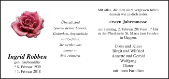 Traueranzeige von Ingrid Robben von Neue Osnabrücker Zeitung GmbH & Co. KG