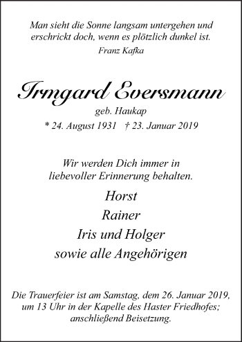 Traueranzeige von Irmgard Eversmann von Neue Osnabrücker Zeitung GmbH & Co. KG