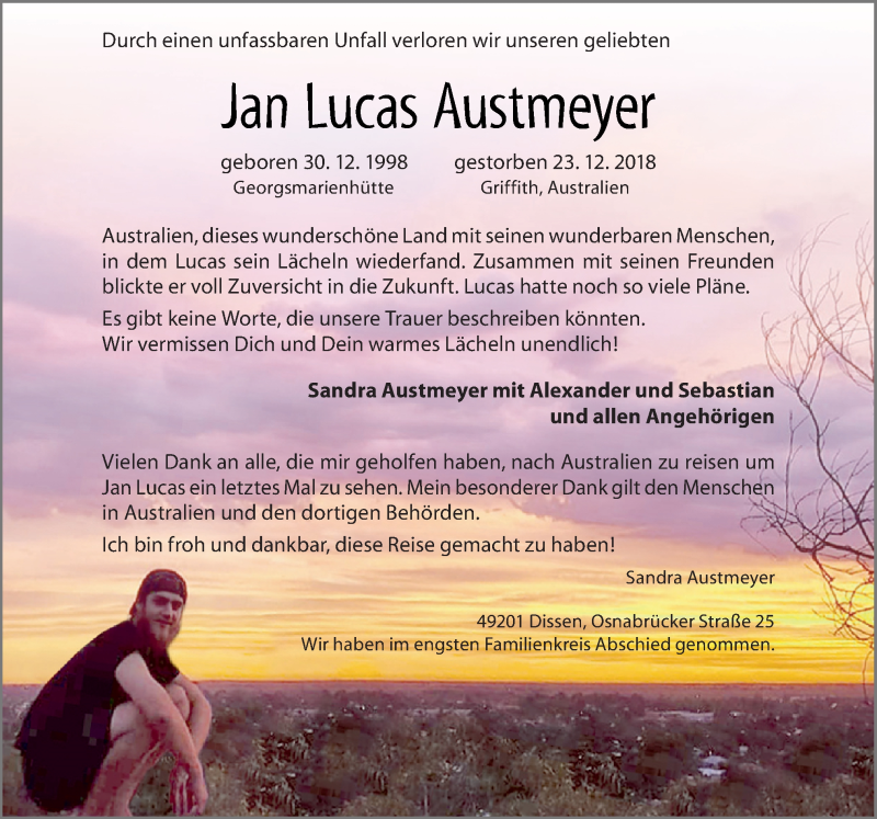  Traueranzeige für Jan Lucas Austmeyer vom 09.01.2019 aus Neue Osnabrücker Zeitung GmbH & Co. KG