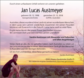 Traueranzeige von Jan Lucas Austmeyer von Neue Osnabrücker Zeitung GmbH & Co. KG