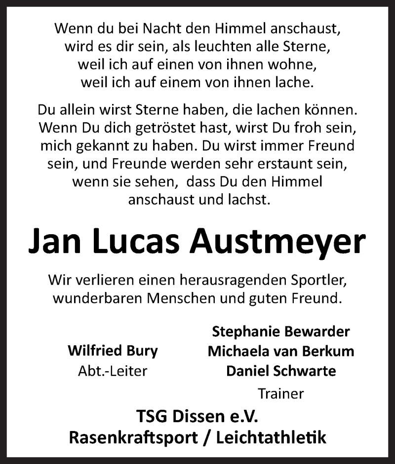  Traueranzeige für Jan Lucas Austmeyer vom 11.01.2019 aus Neue Osnabrücker Zeitung GmbH & Co. KG