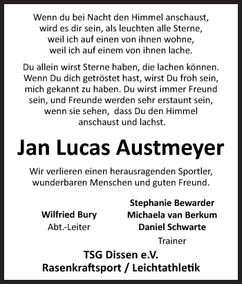 Traueranzeige von Jan Lucas Austmeyer von Neue Osnabrücker Zeitung GmbH & Co. KG