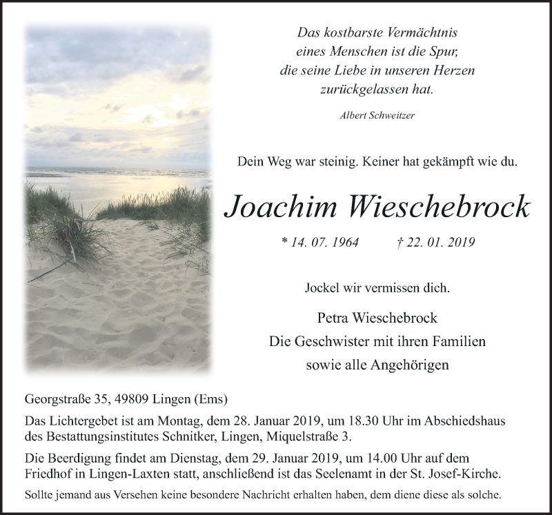  Traueranzeige für Joachim Wieschebrock vom 26.01.2019 aus Neue Osnabrücker Zeitung GmbH & Co. KG