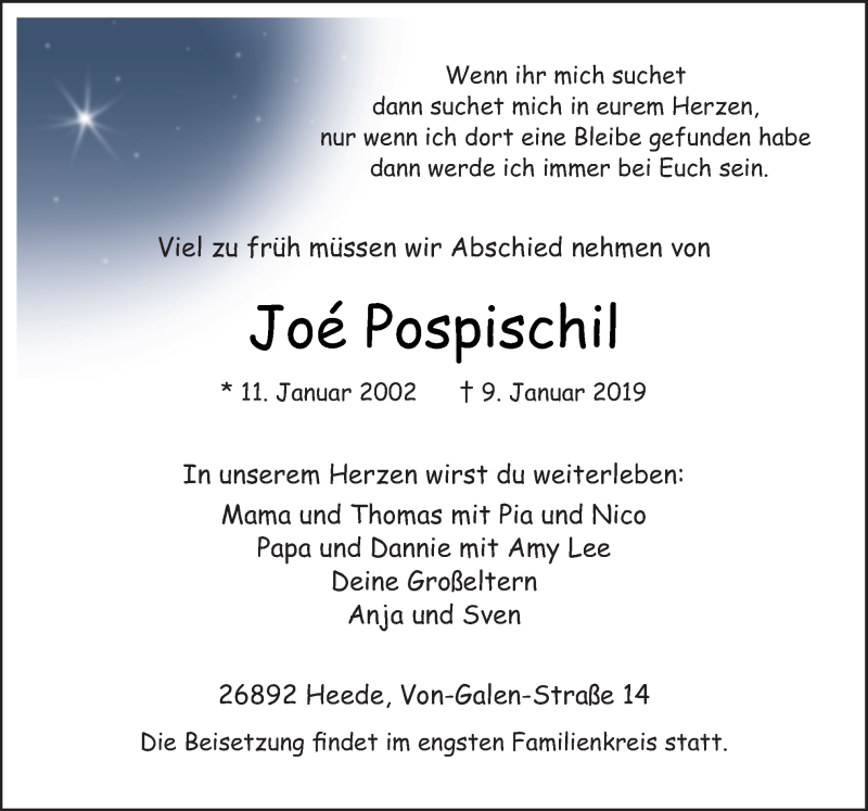  Traueranzeige für Joe Pospischil vom 12.01.2019 aus Neue Osnabrücker Zeitung GmbH & Co. KG