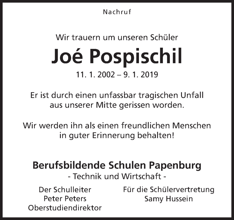  Traueranzeige für Joe Pospischil vom 15.01.2019 aus Neue Osnabrücker Zeitung GmbH & Co. KG