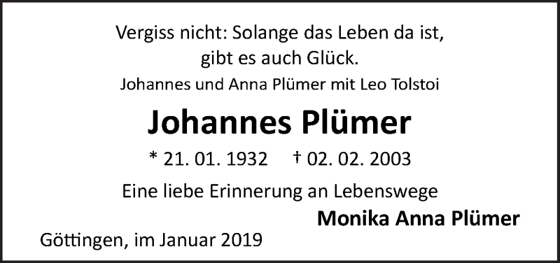  Traueranzeige für Johannes Plümer vom 21.01.2019 aus Neue Osnabrücker Zeitung GmbH & Co. KG
