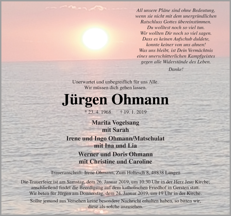  Traueranzeige für Jürgen Ohmann vom 22.01.2019 aus Neue Osnabrücker Zeitung GmbH & Co. KG