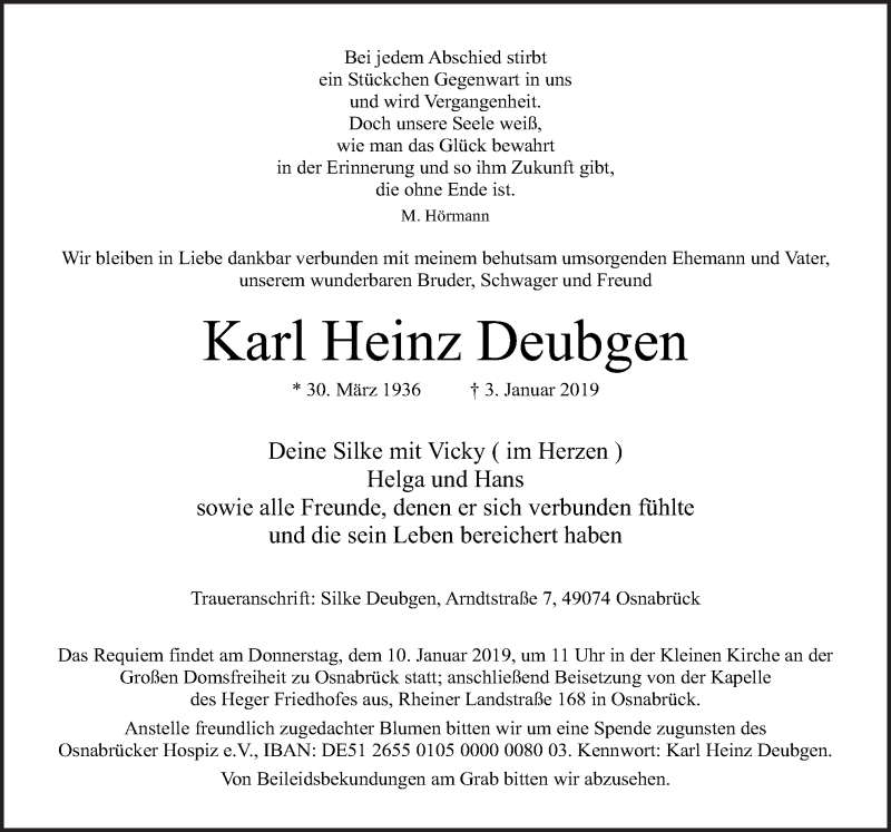  Traueranzeige für Karl Heinz Deubgen vom 08.01.2019 aus Neue Osnabrücker Zeitung GmbH & Co. KG