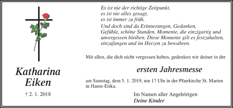  Traueranzeige für Katharina Eiken vom 02.01.2019 aus Neue Osnabrücker Zeitung GmbH & Co. KG