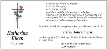 Traueranzeige von Katharina Eiken von Neue Osnabrücker Zeitung GmbH & Co. KG