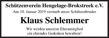 Traueranzeige von Klaus Schlemmer von Neue Osnabrücker Zeitung GmbH & Co. KG