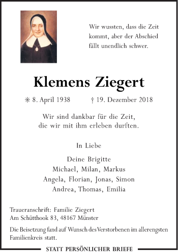 Traueranzeige von Klemens Ziegert von Neue Osnabrücker Zeitung GmbH & Co. KG