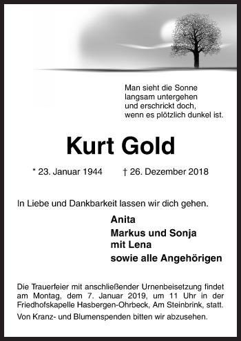 Traueranzeige von Kurt Gold von Neue Osnabrücker Zeitung GmbH & Co. KG