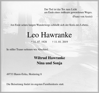 Traueranzeige von Leo Hawranke von Neue Osnabrücker Zeitung GmbH & Co. KG