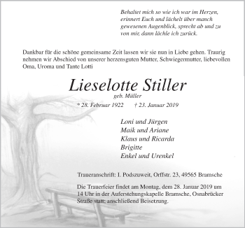 Traueranzeige von Lieselotte Stiller von Neue Osnabrücker Zeitung GmbH & Co. KG