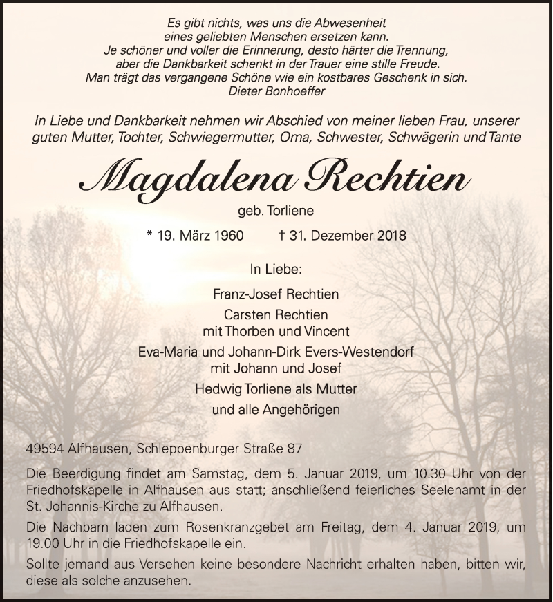  Traueranzeige für Magdalena Rechtien vom 02.01.2019 aus Neue Osnabrücker Zeitung GmbH & Co. KG
