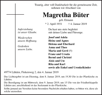 Traueranzeige von Magretha Büter von Neue Osnabrücker Zeitung GmbH & Co. KG